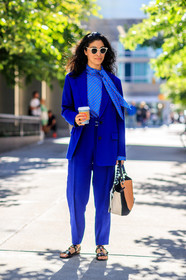 black sandals, blazer, blue jacket, blue pants, blue shirt, blue suit, caroline issa, fashion week, frenchystyle, full length, FW, jonathan paciullo, leather bag, NEW YORK, NYFW, polka dot, printed shirt, SPRING SUMMER 2018, SS 18, street style, sunglasses, trousers, vertical