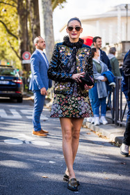 black loafers, black mocassins, collar, color, floral jacket, floral print, floral dress, flowers, jacket, loafers, mocassins, Olivia Palermo, print, python loafers, ruffles, sequins, dress, statement collar, sunglasses, fashion week, frenchystyle, FW, jonathan paciullo, street style, PFW, PARIS, SPRING SUMMER 2022, SS 22, vertical, full length