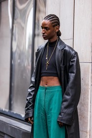 black coat, black crop top, coat, crop top, gold necklace, green pants, key necklace, leather coat, necklace, pants, fashion week, frenchystyle, FW, jonathan paciullo, street style, PFW, PARIS, SPRING SUMMER 2022, SS 22, vertical, atmosphere details