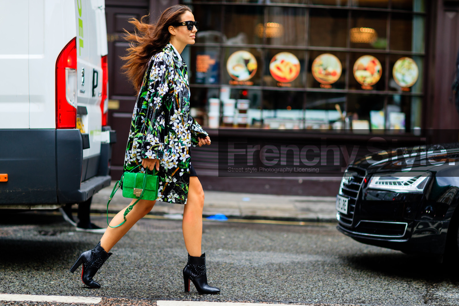 atmosphere details, black boots, christian louboutin, fashion week, floral, flower, frenchystyle, full length, FW, green bag, green coat, green jacket, high heels, horizontal, jimmy choo, jonathan paciullo, leather boots, LFW, LONDON, printed coat, printed jacket, SPRING SUMMER 2017, SS 17, street style, suede bag, sunglasses, tamara kalinic, woman