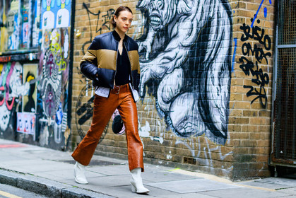 atmosphere details, black jacket, black top, body, brown pants, down jacket, fashion week, frenchystyle, full length, FW, georgia pendlebury, graphic bag, graphic jacket, high heels, horizontal, jonathan paciullo, leather pants, leather shoes, LFW, LONDON, printed jacket, SPRING SUMMER 2017, SS 17, street style, trousers, white boots, woman