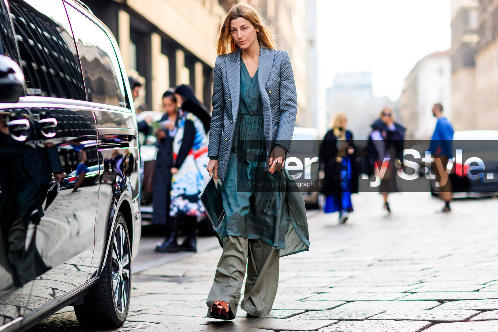 ada kokosar, atmosphere details, AUTUMN WINTER 2017-2018, AW 17-18, blazer, FALL WINTER 2017-2018, fashion week, frenchystyle, full length, FW, FW 17-18, green dress, green pants, grey jacket, horizontal, jonathan paciullo, leather shoes, MFW, MILAN, silk dress, street style, trousers, wide pants