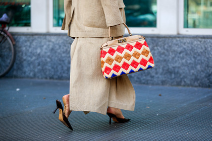 beige bag, beige jacket, beige skirt, bettina looney, black shoes, blazer, fendi, geometric, graphic bag, high heels, leather bag, leather shoes, multicolor bag, printed bag, red bag, MILAN, MFW, fashion week, frenchystyle, FW, jonathan paciullo, street style, AUTUMN WINTER 2019-2020, AW 19-20, FALL WINTER 2019-2020, FW 19-20, atmosphere details, detail, horizontal