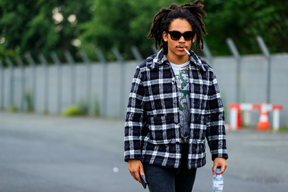 black belt, black denim, black jacket, checked, checked jacket, denim pants, graphic jacket, jeans, plaid, printed jacket, printed t shirt, sunglasses, trousers, white t shirt, fashion week, frenchystyle, FW, jonathan paciullo, street style, PFW, PARIS, atmosphere details, horizontal, detail, AUTUMN WINTER 2018-2019, FALL WINTER 2018-2019, FW 18-19, luka sabbat