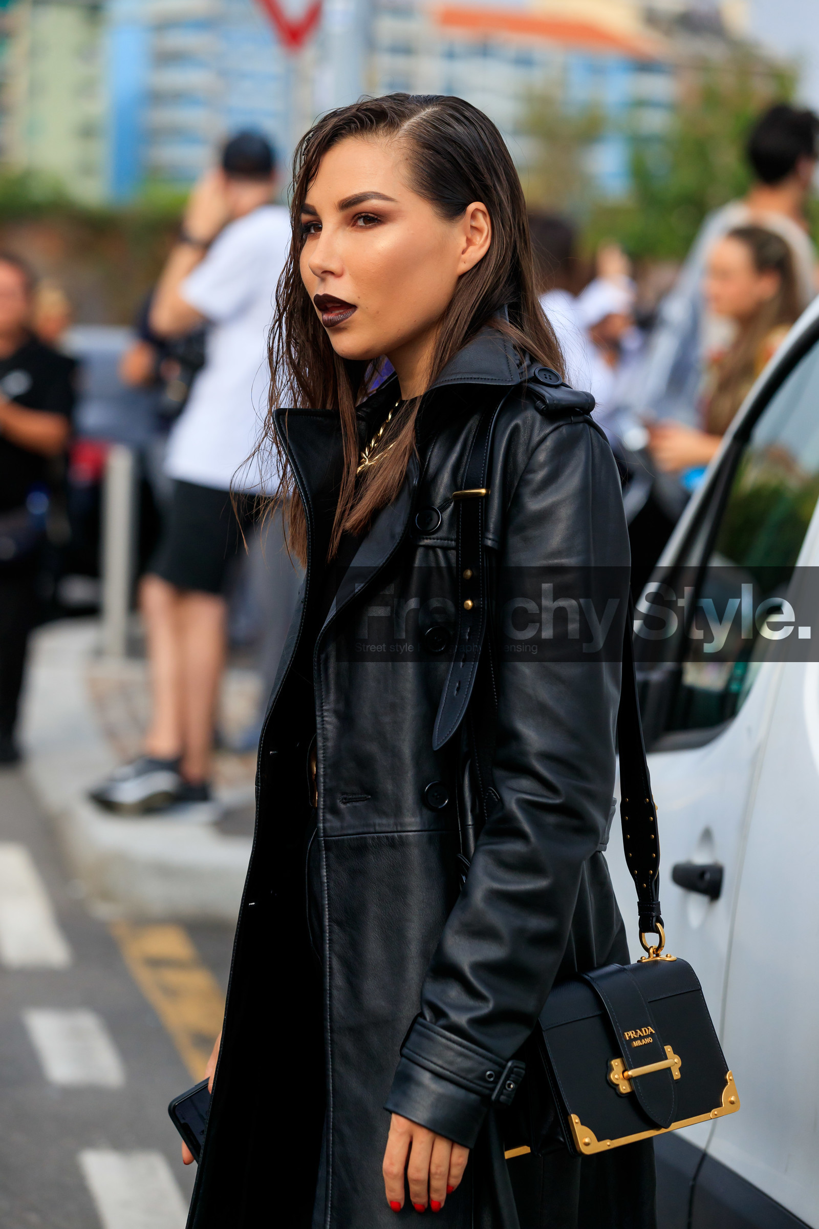 karina nigay, black leather bag, black leather belt, black leather jacket, black leather coat, black leather pants, black total look, sheer top, prada bag, leather total look, black lipstick, make up details, make up, fashion week, frenchystyle, FW, jonathan paciullo, street style, MFW, MILAN, SPRING SUMMER 2020, SS 20