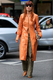 camel leather dress, camel leather jacket, jacket dress, laced dress, checked pants, beige pants, scale sunglasses, fashion week, frenchystyle, FW, jonathan paciullo, street style, MFW, MILAN, SPRING SUMMER 2020, SS 20