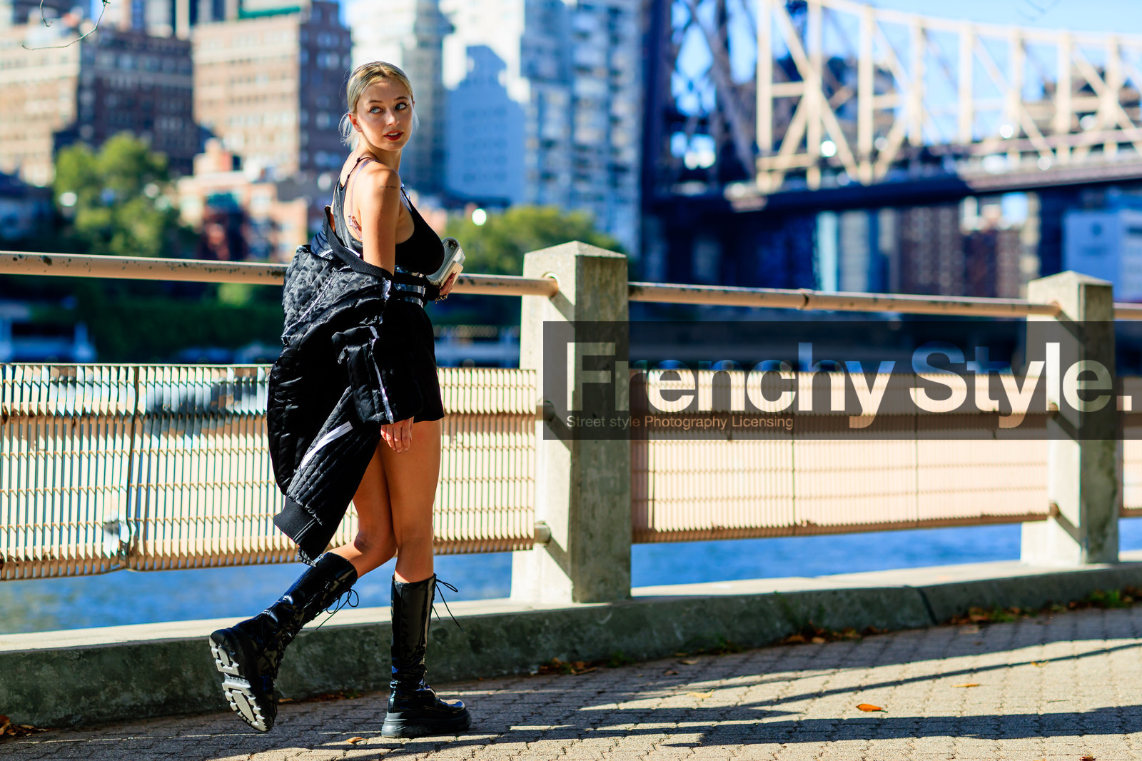 atmosphere details, back detail, black boots, black dress, black jacket, black shoes, caroline vreeland, fashion week, frenchystyle, full length, FW, harness, high boots, horizontal, jimmy choo, jonathan paciullo, NEW YORK, NYFW, off the shoulder, ranger boots, see through, SPRING SUMMER 2017, SS 17, street style, sunglasses, transparent, white bag, white clutch, woman