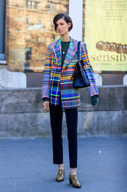 black bag, black pants, blazer, checked, geometric, graphic jacket, leather bag, leather shoes, model, multicolor jacket, necklace, plaid, printed jacket, striped jacket, trousers, PARIS, PFW, street style, jonathan paciullo, FW, frenchystyle, fashion week, AUTUMN WINTER 2019-2020, AW 19-20, FALL WINTER 2019-2020, FW 19-20, vertical, full length