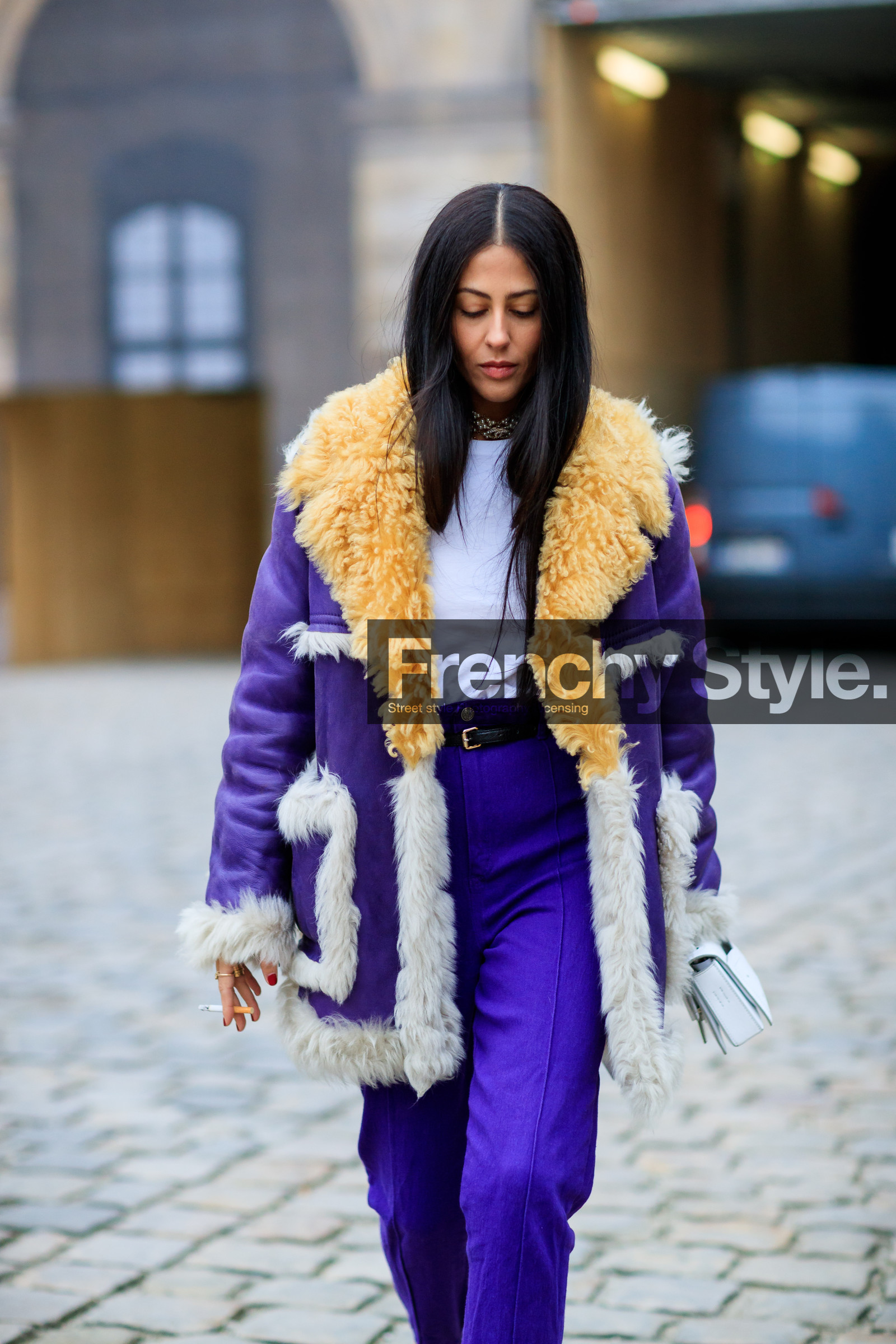 fur jacket, leather bag, prada, purple jacket, purple pants, shearling, trousers, white bag, white fur, white t shirt, yellow fur, fashion week, frenchystyle, FW, jonathan paciullo, street style, PFW, PARIS, SPRING SUMMER 2017, SS 17, HAUTE COUTURE, vertical, detail, gilda ambrosio