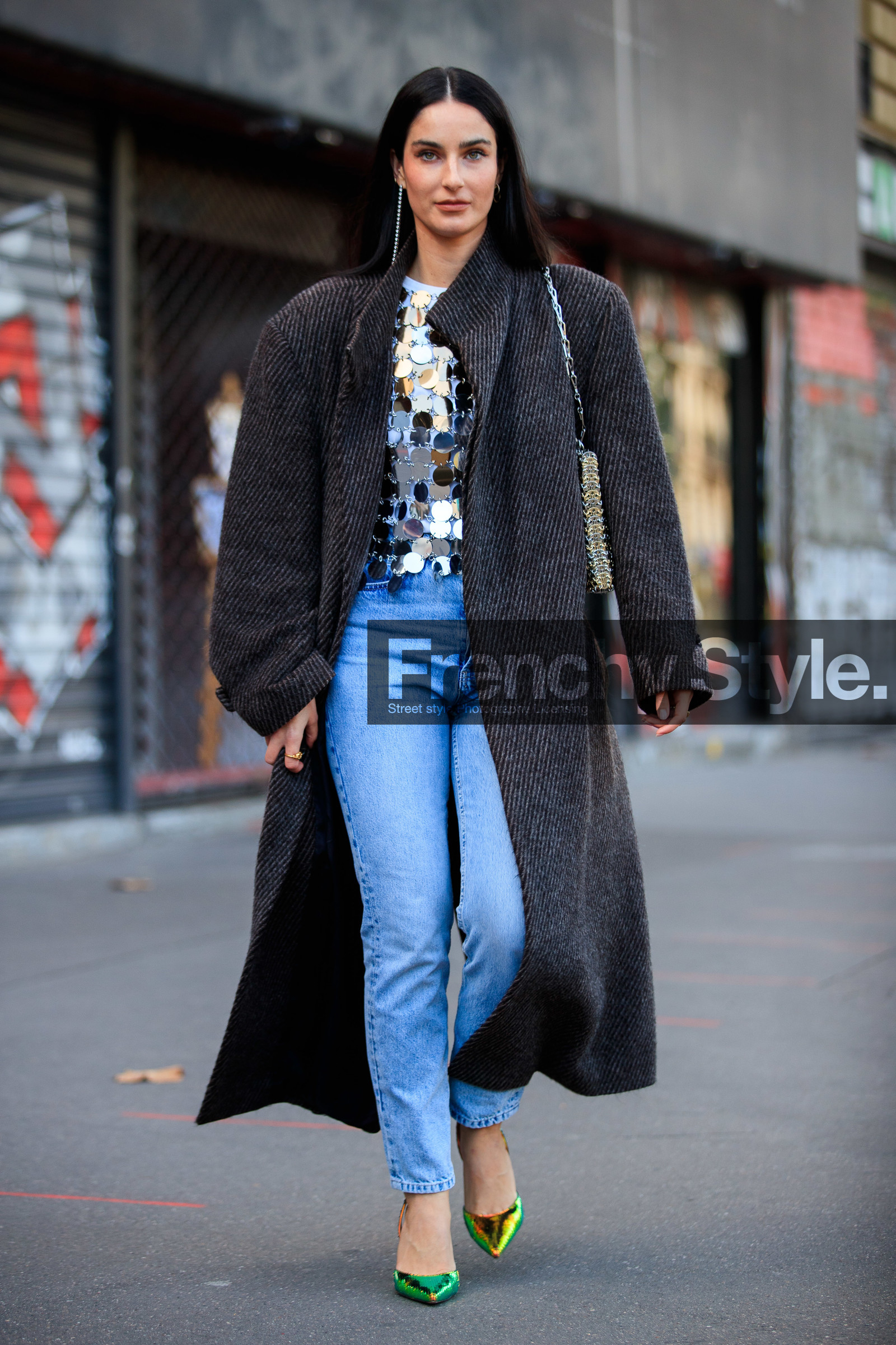 fiona zanetti, oversize coat, dark grey coat, silvered top, mirror top, embroidered top, polka dots top, light blue jeans, denim, green leather pumps, paco rabanne top, PARIS, PFW, fashion week, frenchystyle, FW, jonathan paciullo, street style, SPRING SUMMER 2021, SS 21, vertical, full length
