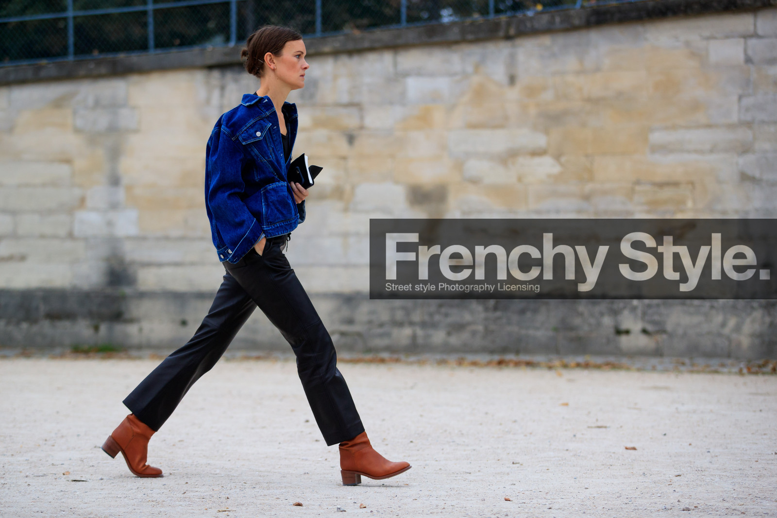 atmosphere details, black pants, blue denim, brown boots, denim jacket, fashion week, frenchystyle, full length, FW, horizontal, jo ellison, jonathan paciullo, leather pants, leather shoes, PARIS, PFW, SPRING SUMMER 2017, SS 17, street style, trousers