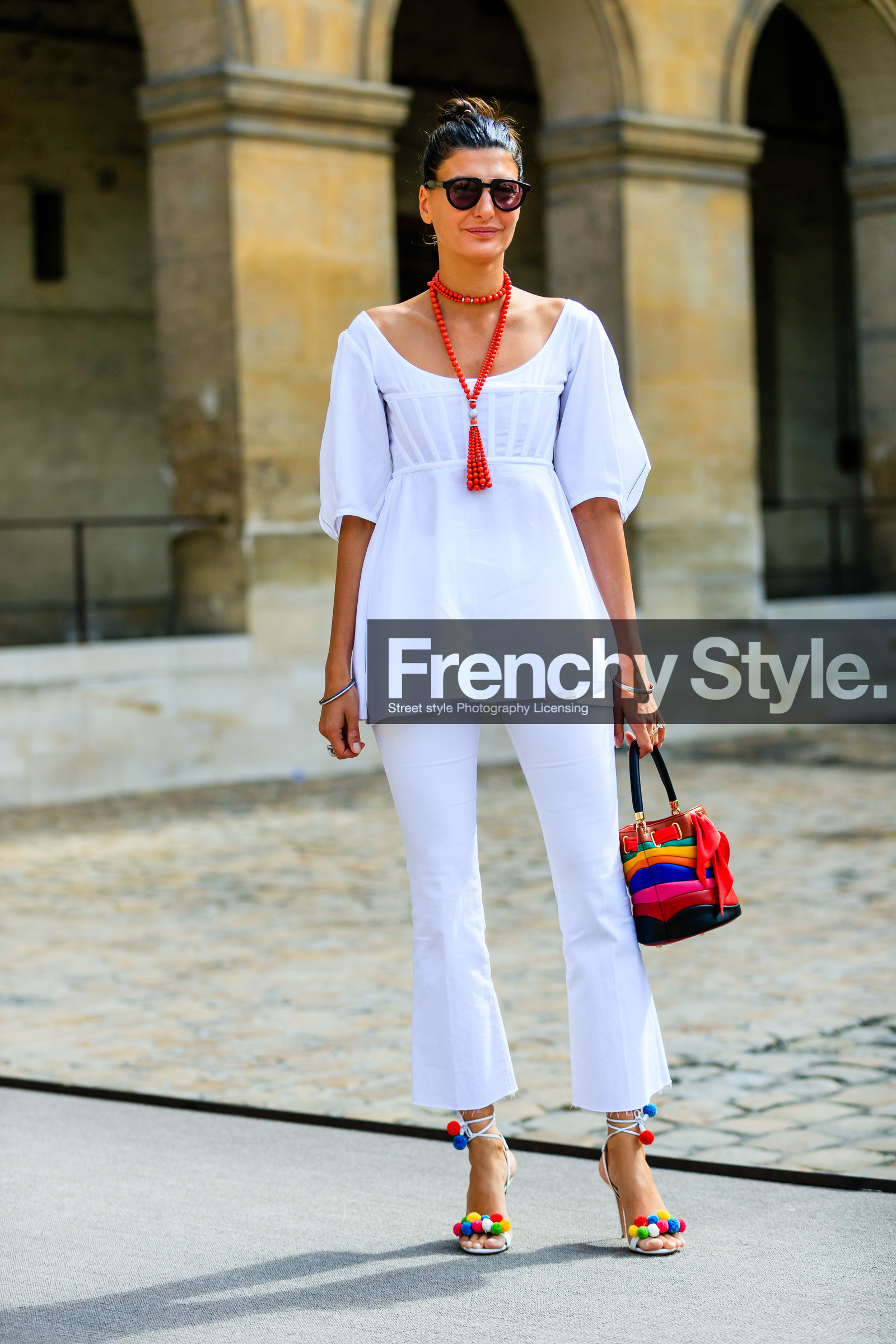 AUTUMN WINTER 2016-2017, AW 16-17, denim pants, FALL WINTER 2016-2017, fashion week, frenchystyle, full length, FW, FW 16-17, giovanna battaglia, graphic bag, HAUTE COUTURE, high heels, jeans, jonathan paciullo, leather bag, leather shoes, MENSWEAR, multicolor bag, necklace, PARIS, pearls, PFW, pompons, red bandana, street style, striped bag, sunglasses, trousers, vertical, white denim, white sandals, white top