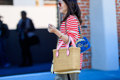 atmosphere details, basket, blue bag, detail, embroidered bag, fashion week, floral, flowers, frenchystyle, FW, graphic bag, graphic pants, graphic sweater, gucci, horizontal, jonathan paciullo, leather bag, MFW, MILAN, printed bag, printed pants, red sweater, SPRING SUMMER 2018, SS 18, street style, striped sweater, sunglasses, trousers, velvet