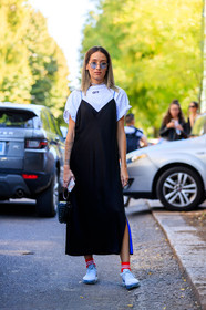 black bag, black dress, blue sneakers, fashion week, frenchystyle, full length, FW, jonathan paciullo, leather shoes, MFW, MILAN, nike, off white, printed t shirt, red socks, SPRING SUMMER 2018, SS 18, street style, sunglasses, vertical, white t shirt
