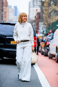 black belt, denim pants, jeans, leather bag, leather belt, loewe, necklace, tone on tone, total look white, trousers, white bag, white denim, white sweater, wide pants, street style, jonathan paciullo, FW, frenchystyle, fashion week, NYFW, NEW YORK, AUTUMN WINTER 2018-2019, AW 18-19, FALL WINTER 2018-2019, FW 18-19, vertical, full length, lisa aiken
