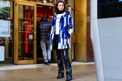 atmosphere details, AUTUMN WINTER 2017-2018, AW 17-18, black boots, black pants, black turtleneck, blue fur coat, detail, FALL WINTER 2017-2018, fashion week, frenchystyle, FW, FW 17-18, horizontal, jonathan paciullo, leather boots, leather pants, mckenna hellam, model, NEW YORK, NYFW, patchwork, street style, trousers, white t shirt