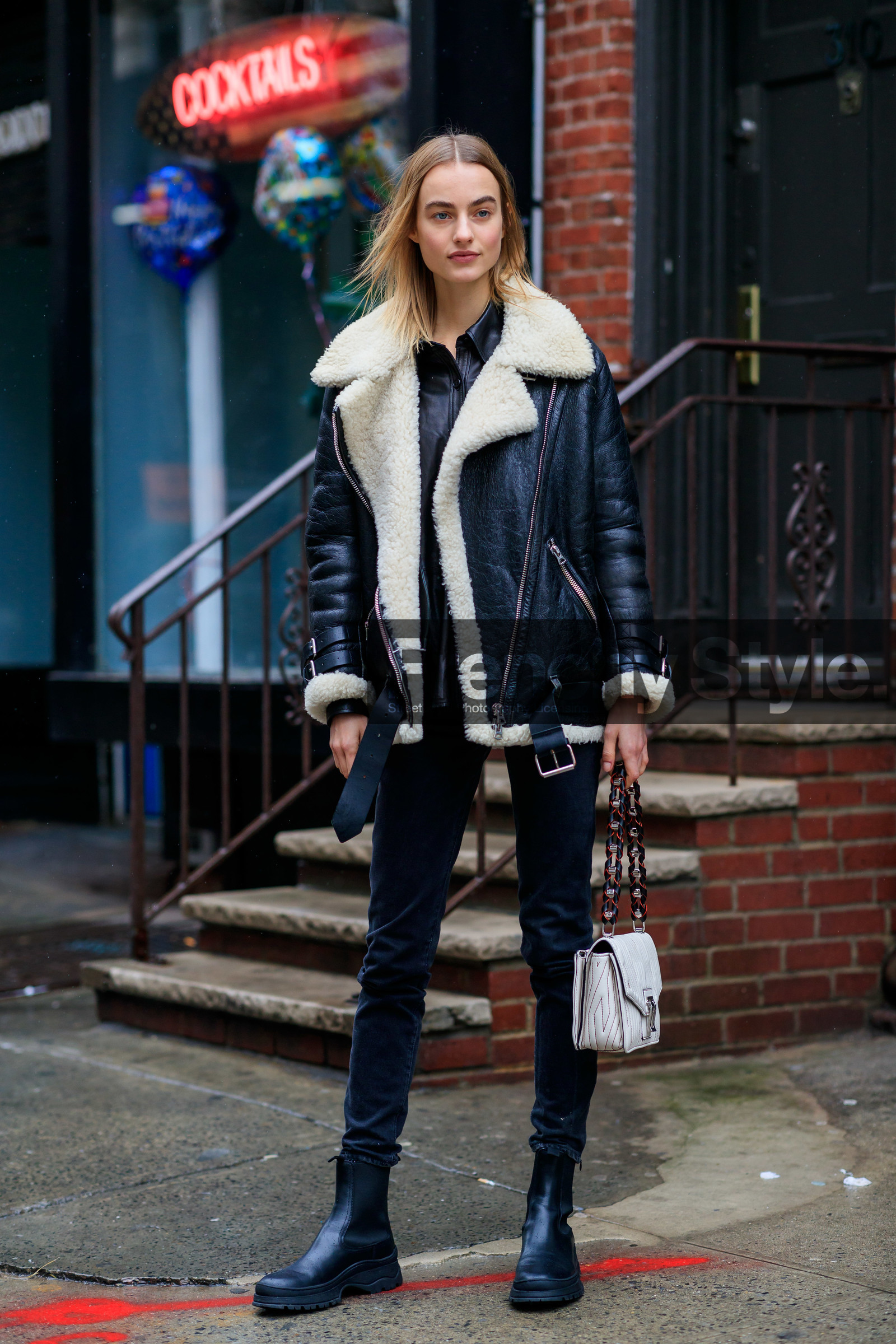 model, Maartje Verhoef, black leather bombers, black leather coat, white coat, fur coat, black leather shirt, black leather boots, flat boots, chelsea boots, black jeans, leather strap bag, white leather bag, embroidered bag, geometrical printed bag, proenza schouler bag, fashion week, frenchystyle, FW, jonathan paciullo, street style, NYFW, NEW YORK, AUTUMN WINTER 2020-2021, FALL WINTER 2020-2021, FW 20-21, vertical, full length