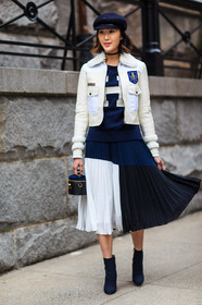 AUTUMN WINTER 2016-2017, AW 16-17, beret, black boots, black clutch, blue hat, blue sweater, Chriselle Lim, denim jacket, fashion week, frenchystyle, full length, fun bag, fur collar, FW, FW 16-17, graphic skirt, high heels, jonathan paciullo, leather clutch, leather jacket, mini bag, navy skirt, NEW YORK, NYFW, patchwork, pleated skirt, printed sweater, shearling, street style, tommy hilfiger, vertical, white denim, white fur, white skirt, woman