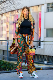 black top, chloé, choker, graphic jacket, graphic pants, leather bag, leather shoes, multicolor jacket, multicolor pants, necklace, nike, orange bag, printed jacket, printed pants, red bag, trousers, veronika heilbrunner, white shoes, yellow bag, PARIS, PFW, street style, jonathan paciullo, FW, frenchystyle, fashion week, AUTUMN WINTER 2019-2020, AW 19-20, FALL WINTER 2019-2020, FW 19-20, vertical, full length