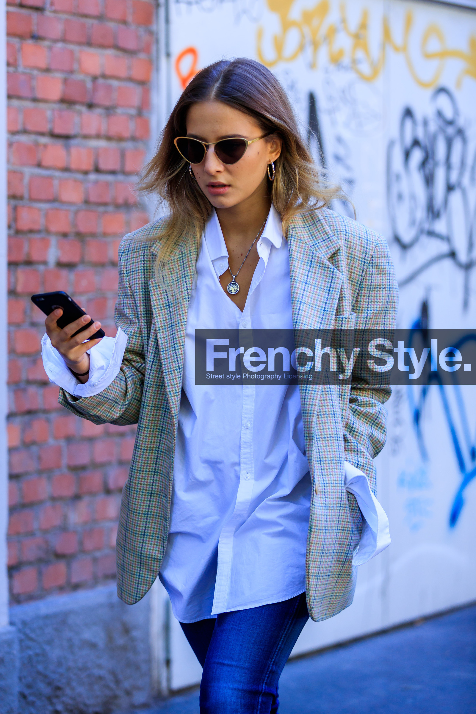 atmosphere details, beige jacket, blazer, blue denim, checked jacket, denim pants, detail, fashion week, frenchystyle, FW, graphic jacket, jeans, jonathan paciullo, MFW, MILAN, plaid, printed jacket, SPRING SUMMER 2018, SS 18, street style, sunglasses, trousers, vertical, white shirt