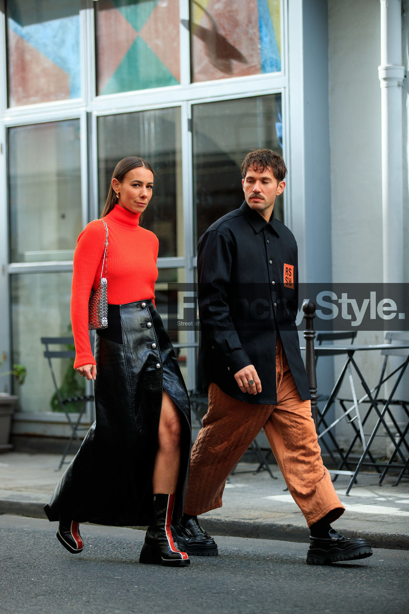 alice barbier, alice & j.s, JS roques, red pullover, turtleneck pullover, long skirt, button skirt, split skirt, polish skirt, black leather boots, black leather skirt, striped boots, red leather boots, nodaleto boots, low boots, silvered bag, metalic bag, shoulder bag, paco rabanne bag, paco rabanne skirt, PARIS, PFW, fashion week, frenchystyle, FW, jonathan paciullo, street style, SPRING SUMMER 2021, SS 21, vertical, full length