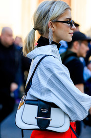 black and white bag, black turtleneck, caro daur, earrings, graphic bag, leather bag, ponytail, prada, printed bag, red pants, sunglasses, trousers, white shirt, MILAN, MFW, fashion week, frenchystyle, FW, jonathan paciullo, street style, AUTUMN WINTER 2019-2020, AW 19-20, FALL WINTER 2019-2020, FW 19-20, vertical, atmosphere details, detail