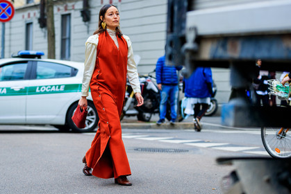 atmosphere details, AUTUMN WINTER 2017-2018, AW 17-18, beige shirt, earrings, FALL WINTER 2017-2018, fashion week, frenchystyle, full length, FW, FW 17-18, horizontal, jonathan paciullo, leather bag, leather shoes, MFW, MILAN, rachael wang, red bag, red boots, red jumpsuit, street style, trousers