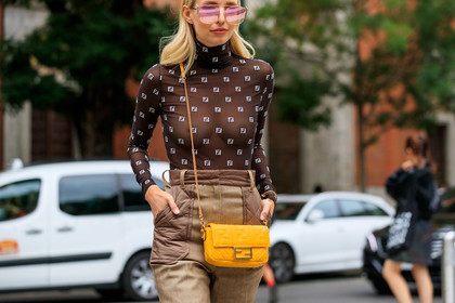 leonie hanne, fendi bag, fendi baguette bag, fendi jacket, fendi look, fendi pants, fendi top, fendi sunglasses, black top, turtleneck top, sheer top, monogrammed top, beige pants, yellow bag, yellow leather bag, monogrammed bag, chain strap bag, crossbody bag, big sunglasses, strassed sunglasses, street style, jonathan paciullo, FW, frenchystyle, fashion week, MFW, MILAN, SPRING SUMMER 2020, SS 20
