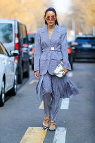 belt, blazer, blue jacket, blue pants, blue skirt, blue suit, brown shoes, checked, fendi, glitter, graphic bag, leather bag, leather shoes, plaid, pleated skirt, printed bag, sequined bag, shiny bag, sunglasses, trousers, white bag, MILAN, MFW, fashion week, frenchystyle, FW, jonathan paciullo, street style, AUTUMN WINTER 2019-2020, AW 19-20, FALL WINTER 2019-2020, FW 19-20, vertical, full length