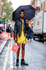 black boots, black jacket, black perfecto, fashion week, frenchystyle, full length, FW, glitter, jonathan paciullo, leather jacket, leather perfecto, leather shoes, LFW, LONDON, sequined dress, shiny dress, SPRING SUMMER 2017, SS 17, street style, umbrella, vertical, woman, yellow dress