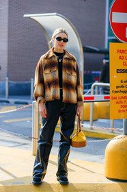 black pants, brown shirt, camel bag, checked, earrings, graphic jacket, leather bag, leather pants, necklace, plaid, printed jacket, sunglasses, trousers, yellow bag, MILAN, MFW, fashion week, frenchystyle, FW, jonathan paciullo, street style, AUTUMN WINTER 2019-2020, AW 19-20, FALL WINTER 2019-2020, FW 19-20, vertical, full length
