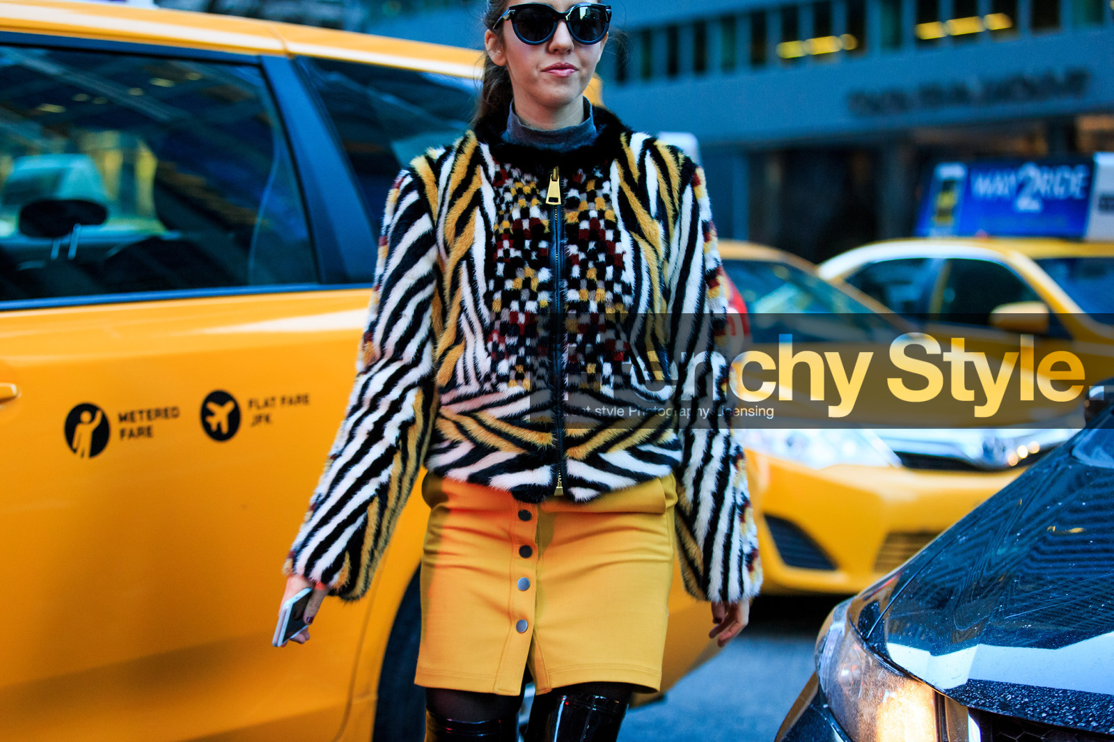 atmosphere details, AUTUMN WINTER 2016-2017, AW 16-17, detail, embroidered jacket, fashion week, frenchystyle, fur jacket, FW, FW 16-17, geometric, graphic, graphic jacket, high boots, high heels, horizontal, jonathan paciullo, mini skirt, multicolor jacket, NEW YORK, NYFW, street style, sunglasses, varnished leather shoes, white fur, woman, yellow skirt, zebra