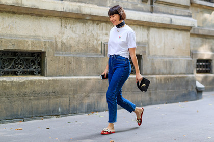 atmosphere details, black bag, black bandana, black scarf, blue denim, clara cornet, denim pants, embroidered shoes, fashion week, frenchystyle, full length, FW, horizontal, jeans, jonathan paciullo, leather bag, leather shoes, MENSWEAR, PARIS, pearls, PFW, red sandals, SPRING SUMMER 2018, SS 18, street style, trousers, white t shirt