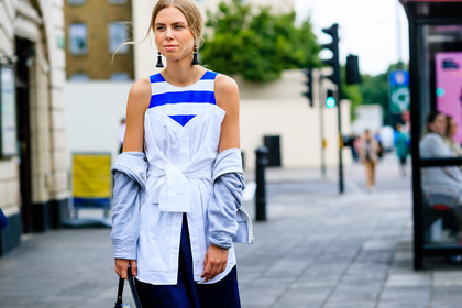 atmosphere details, blue denim, bustier top, denim skirt, detail, earrings, fashion week, frenchystyle, FW, graphic top, grey sweater, hoodie, horizontal, jonathan paciullo, LFW, LONDON, off the shoulder, pompons, SPRING SUMMER 2017, SS 17, street style, striped top, stripes, white top, woman