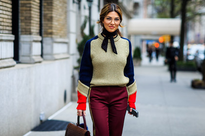 atmosphere details, AUTUMN WINTER 2016-2017, AW 16-17, beige, beige knit, black, black scarf, black she, bordeaux, brown, brown bag, burgundy, detail, dots, fashion week, frenchystyle, FW, FW 16-17, graphic sweater, horizontal, jonathan paciullo, leather bag, navy, negin mirsalehi, NEW YORK, NYFW, polka dot, red, red pants, silk, street style, woman
