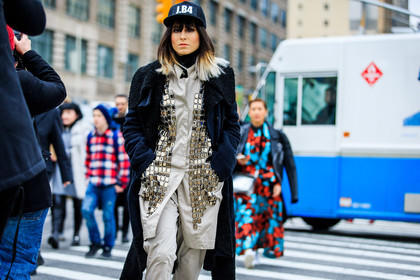 atmosphere details, AUTUMN WINTER 2016-2017, AW 16-17, beige coat, beige jacket, beige pants, black and gold, black cap, black coat, black fur, black sneakers, detail, dyed hair, embroidered jacket, fashion week, frenchystyle, fur coat, FW, FW 16-17, glitter, golden details, horizontal, jonathan paciullo, NEW YORK, NYFW, sequined, shearling, shiny, street style, trousers, woman