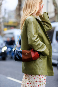 jeanette madsen, light green jacket, light green leather jacket, leather jacket, bag detail, close up detail, shoulder bag, golden chain strap bag, black leather bag, camel suede bag, red leather bag, striped bag, fashion week, frenchystyle, FW, jonathan paciullo, street style, LFW, LONDON, AUTUMN WINTER 2020-2021, FALL WINTER 2020-2021, FW 20-21, vertical, atmosphere details, detail