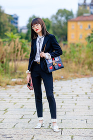 black jacket, black pants, black suit, blazer, blue bag, fashion week, fil xiaobai, frenchystyle, full length, FW, gucci, jonathan paciullo, leather bag, leather shoes, MFW, MILAN, printed bag, red lips, silver shoes, SPRING SUMMER 2017, SS 17, street style, trousers, vertical, white shirt