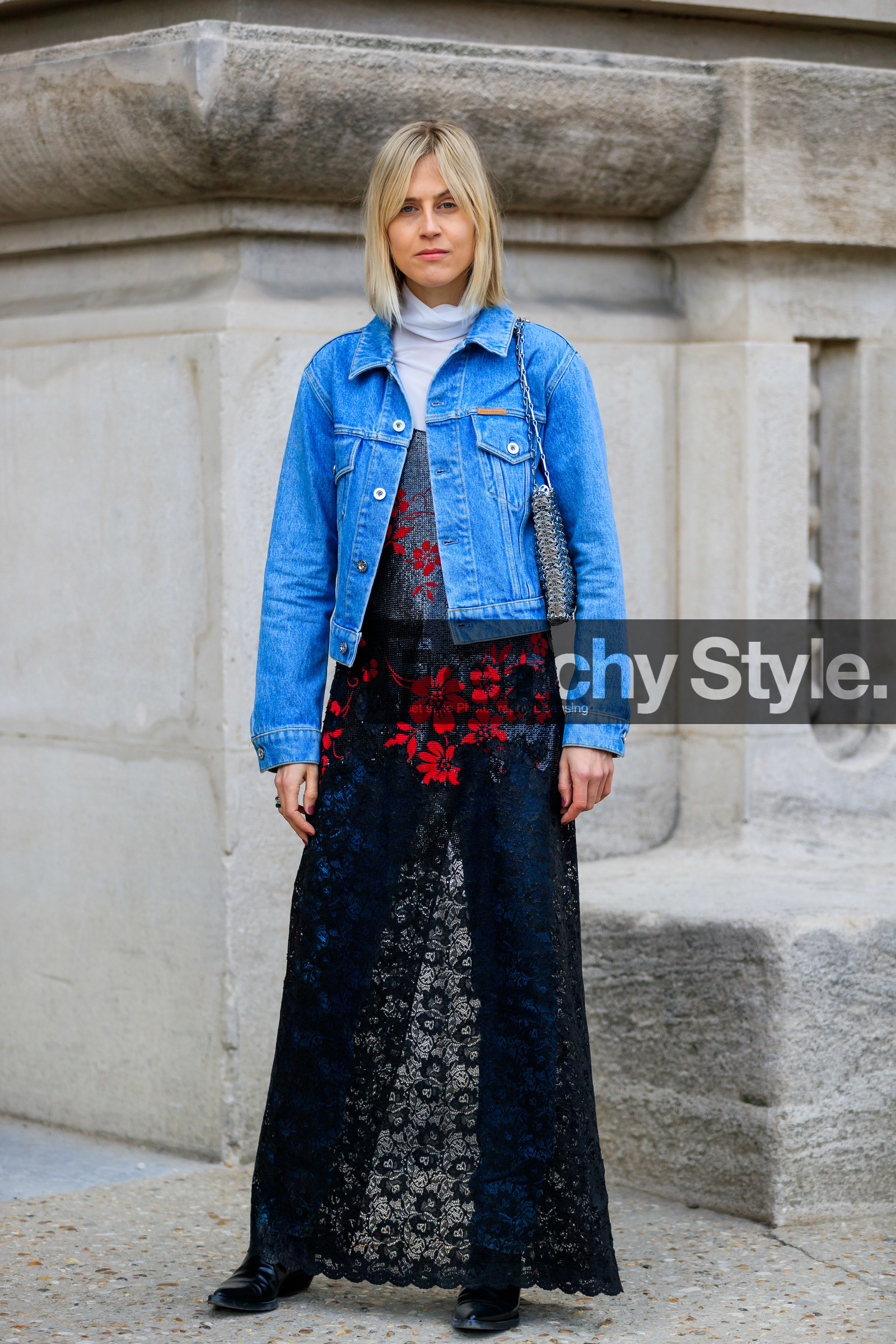 black dress, black shoes, blue denim, denim jacket, floral, flowers, graphic dress, leather shoes, linda tol, metallic bag, paco rabanne, printed dress, see through, sequined dress, sheer dress, shiny bag, shiny dress, silver bag, trousers, turtleneck sweater, white sweater, PARIS, PFW, street style, jonathan paciullo, FW, frenchystyle, fashion week, AUTUMN WINTER 2019-2020, AW 19-20, FALL WINTER 2019-2020, FW 19-20, vertical, full length