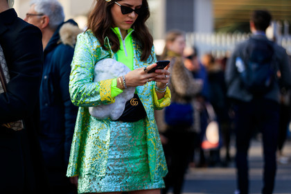 black bag, blazer, bulgari, fanny pack, green jacket, green skirt, green sweater, gucci, hair clip, leather bag, neon, shiny jacket, shiny skirt, sunglasses, watch, fashion week, frenchystyle, FW, jonathan paciullo, street style, MFW, MILAN, AUTUMN WINTER 2019-2020, AW 19-20, FALL WINTER 2019-2020, FW 19-20, atmosphere details, detail, horizontal