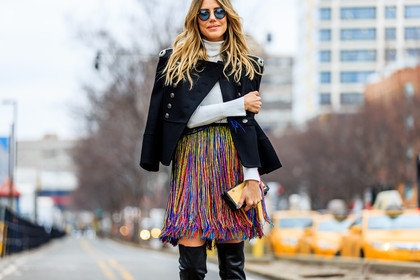 atmosphere details, AUTUMN WINTER 2016-2017, AW 16-17, black, black boots, black jacket, detail, fashion week, frenchystyle, fringes, FW, FW 16-17, graphic skirt, high boots, high heels, horizontal, jonathan paciullo, leather boots, martha graeff, multicolor, NEW YORK, NYFW, street style, sunglasses, turtleneck sweater, white sweater, woman