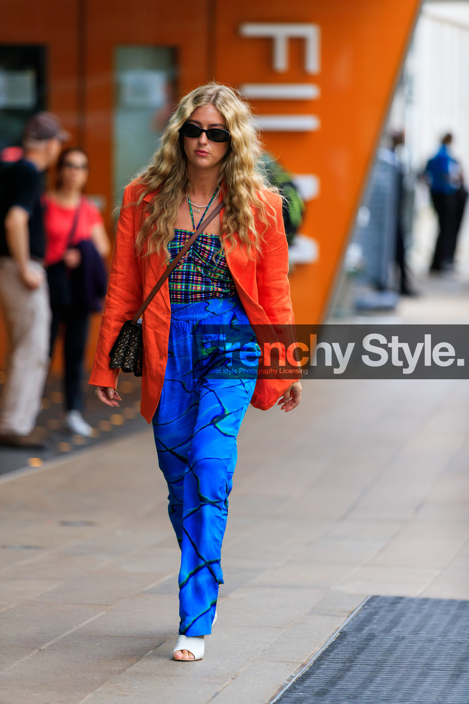 blazer, blue denim, blue pants, brown bag, burberry, denim pants, emili sindlev, graphic bag, graphic pants, jeans, leather bag, leather shoes, monogram, multicolor top, orange jacket, printed bag, printed pants, sunglasses, trousers, white shoes, street style, jonathan paciullo, FW, frenchystyle, fashion week, NEW YORK, NYFW, SPRING SUMMER 2020, SS 20, vertical, full length