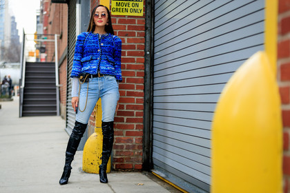black bag, black shoes, blue denim, blue jacket, denim pants, earrings, fanny pack, high boots, high heels, jeans, leather bag, leather shoes, mini bag, sunglasses, trousers, tweed jacket, street style, jonathan paciullo, FW, frenchystyle, fashion week, NYFW, NEW YORK, AUTUMN WINTER 2018-2019, AW 18-19, FALL WINTER 2018-2019, FW 18-19, atmosphere details, horizontal, full length, Chriselle Lim