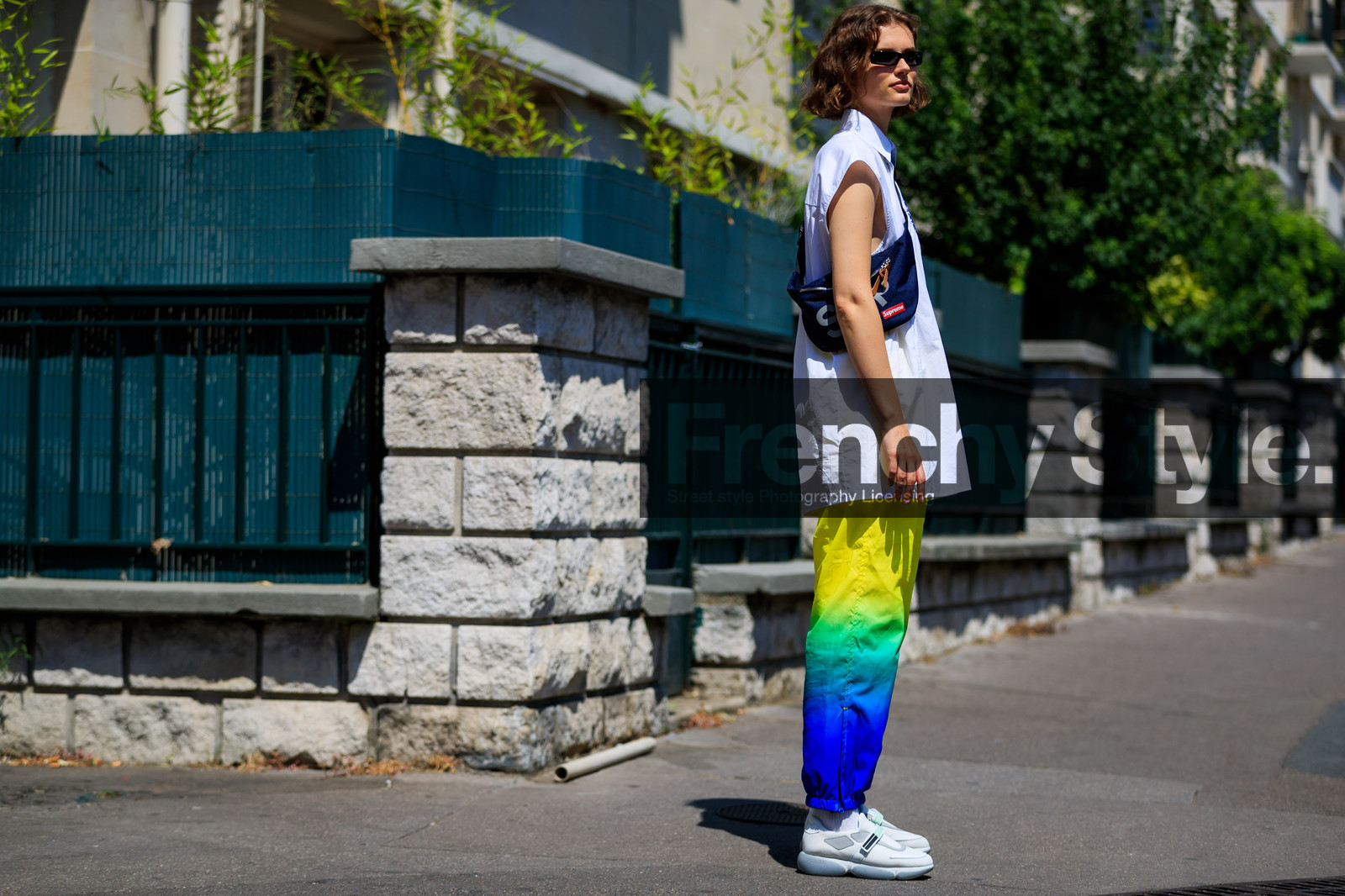 black bag, blue bag, denim bag, fanny pack, graphic bag, graphic pants, leather bag, leather shoes, multicolor pants, printed bag, printed pants, rainbow, sleeveless, sunglasses, supreme, sweatpants, tie & die, trousers, white shirt, white sneakers, yellow pants, fashion week, frenchystyle, FW, jonathan paciullo, street style, PFW, PARIS, atmosphere details, horizontal, full length, model, AUTUMN WINTER 2018-2019, FALL WINTER 2018-2019, FW 18-19, Giedrė Dukauskaitė