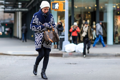 atmosphere details, AUTUMN WINTER 2016-2017, AW 16-17, black boots, black denim, black scarf, blue cardigan, blue sweater, brown bag, denim pants, FALL WINTER 2016-2017, fashion week, frenchystyle, full length, FW, FW 16-17, horizontal, jeans, jonathan paciullo, leather bag, leather boots, louis vuitton, monogram, NEW YORK, NYFW, printed sweater, santiags, scarf, street style, trousers, white beanie, woman