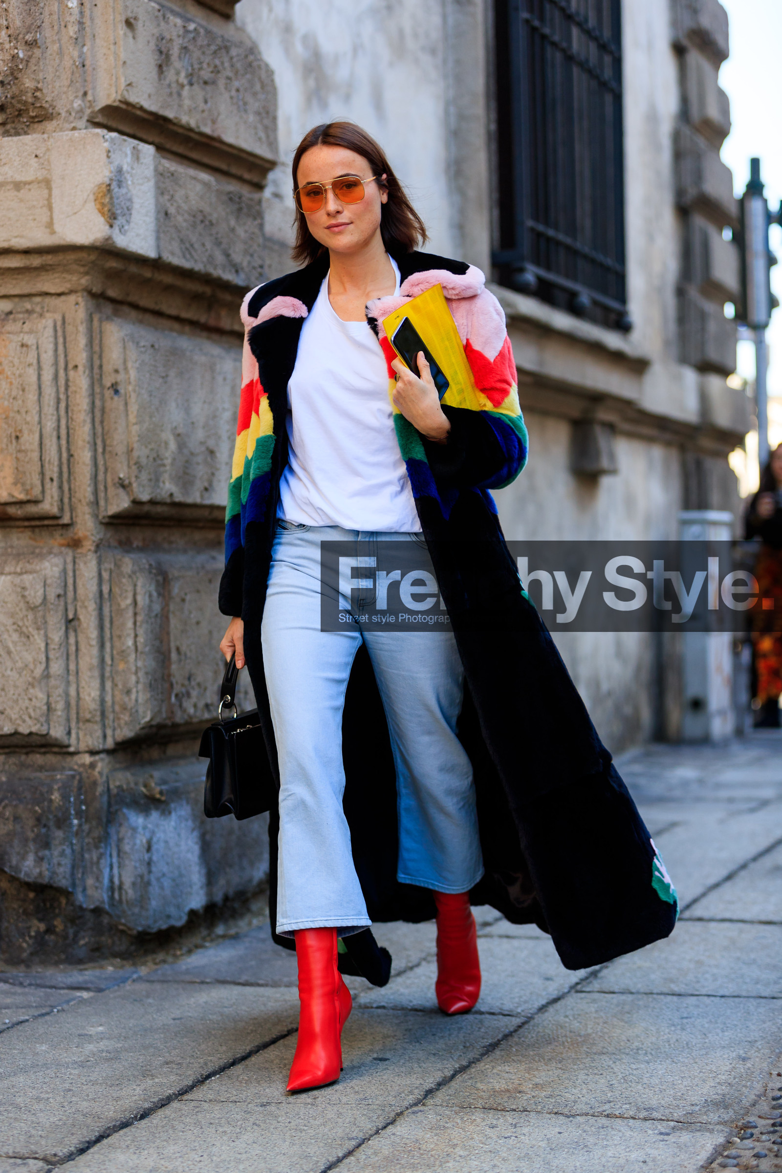 black bag, blue denim, denim pants, fashion week, frenchystyle, full length, Fur coat, FW, graphic jacket, high heels, jeans, jonathan paciullo, leather bag, leather shoes, lena lademann, MFW, MILAN, multicolor jacket, printed jacket, rainbow, red shoes, SPRING SUMMER 2018, SS 18, street style, sunglasses, trousers, vertical, white t shirt