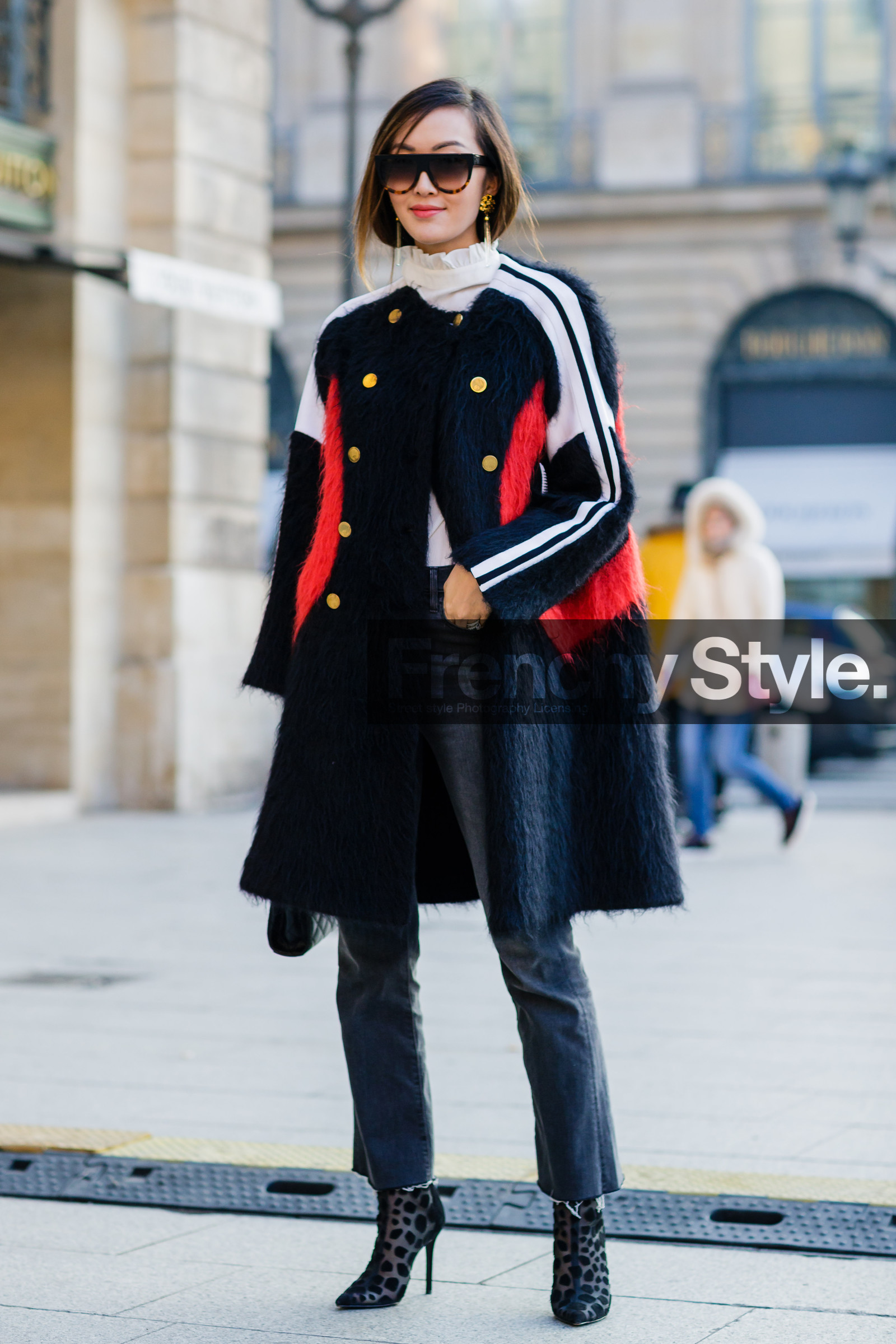 black boots, black coat, black denim, black fur coat, black shoes, denim pants, earrings, Fur coat, high heels, jeans, leather shoes, printed shoes, striped coat, striped jacket, sunglasses, trousers, turtleneck sweater, fashion week, frenchystyle, FW, jonathan paciullo, street style, PFW, PARIS, SPRING SUMMER 2017, SS 17, HAUTE COUTURE, vertical, full length, Chriselle Lim