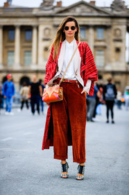 black and white shoes, blazer, Clara Racz, corduroy, fashion week, frenchystyle, full length, FW, graphic bag, high heels, jonathan paciullo, leather bag, leather belt, leather shoes, PARIS, PFW, pink jacket, printed bag, red bag, red belt, red jacket, red pants, SPRING SUMMER 2017, SS 17, street style, sunglasses, trousers, velvet, vertical, white shirt