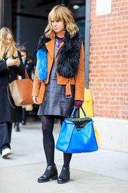 AUTUMN WINTER 2016-2017, AW 16-17, black dress, black fur, black scarf, black shoes, blue bag, camel jacket, camel perfecto, FALL WINTER 2016-2017, fashion week, frenchystyle, full length, fur scarf, FW, FW 16-17, hermès, jonathan paciullo, kelly bag, leather bag, leather dress, leather jacket, leather perfecto, leather shoes, NEW YORK, NYFW, street style, suede jacket, suede perfecto, tights, vertical, woman