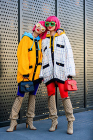 Ami and Aya Suzuki, beige boots, black bag, blue sweater, checked, dyed hair, graphic jacket, gucci, high boots, high heels, hoodie, leather bag, leather shoes, monogram, necklace, pink hair, plaid, printed jacket, red bag, sunglasses, tights, tweed jacket, white jacket, yellow jacket, fashion week, frenchystyle, FW, jonathan paciullo, street style, MFW, MILAN, AUTUMN WINTER 2019-2020, AW 19-20, FALL WINTER 2019-2020, FW 19-20, vertical, full length